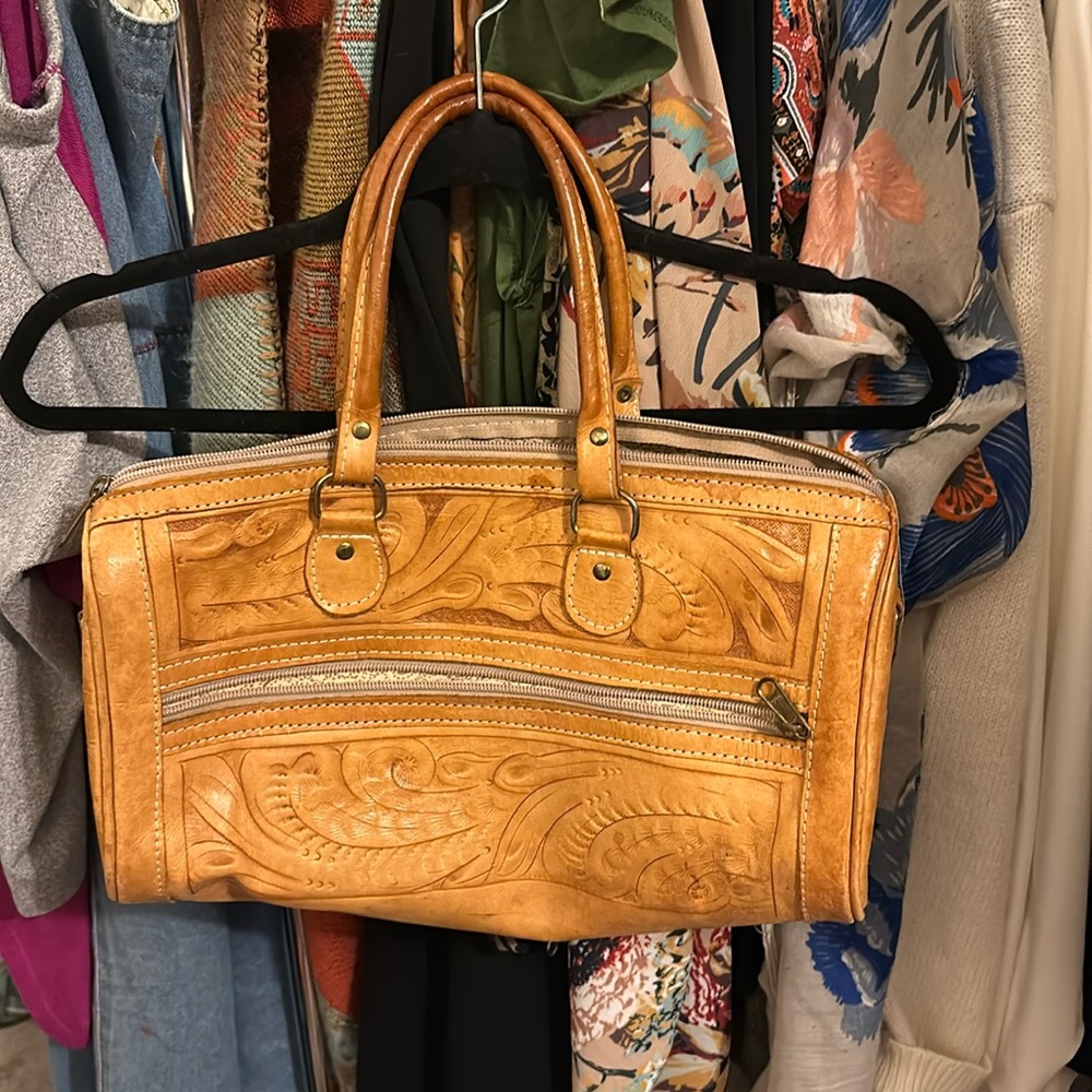 Vintage vachetta leather hand tooled doctor speedy Boston tote bag purse satchel